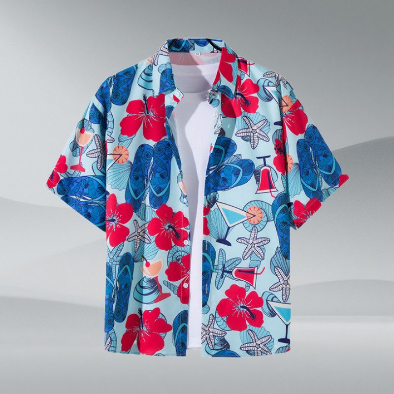 Hawaiian Floral Short Sleeved Shirt for Men's Summer Thin and Loose Casual