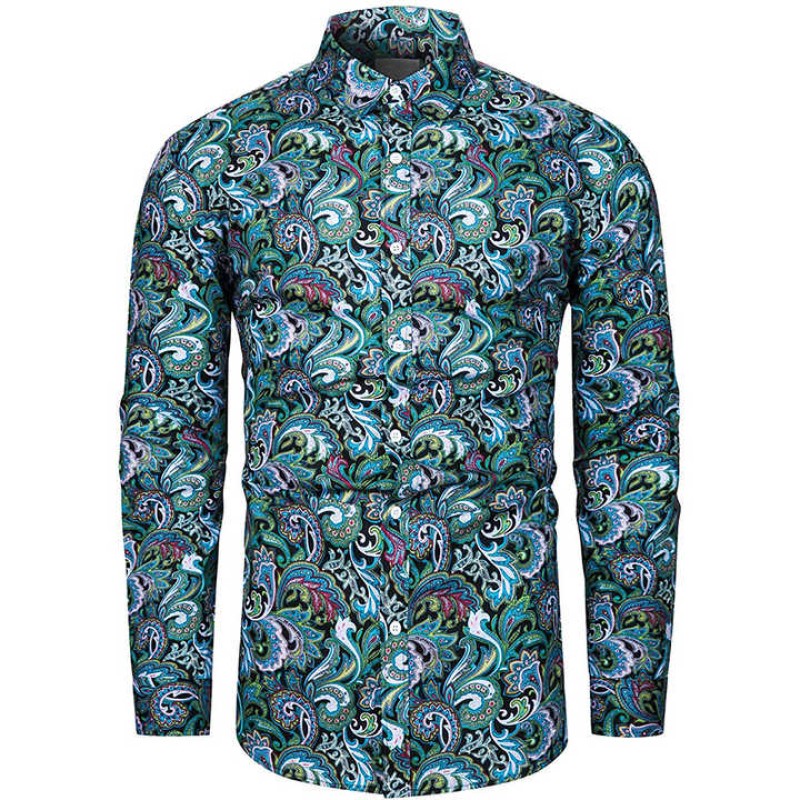 Men's Floral Shirts Plus Size Long Sleeve Peris Print Fashion Casual Shirts