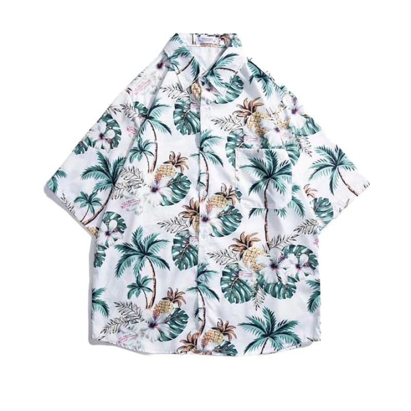Beach Casual Cool Trendy Couple Shirt Hawaiian Print Loose Short Sleeved Men's Shirt
