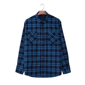 Square Collar Men'S Plaid Shirt Blue Long Sleeve B...