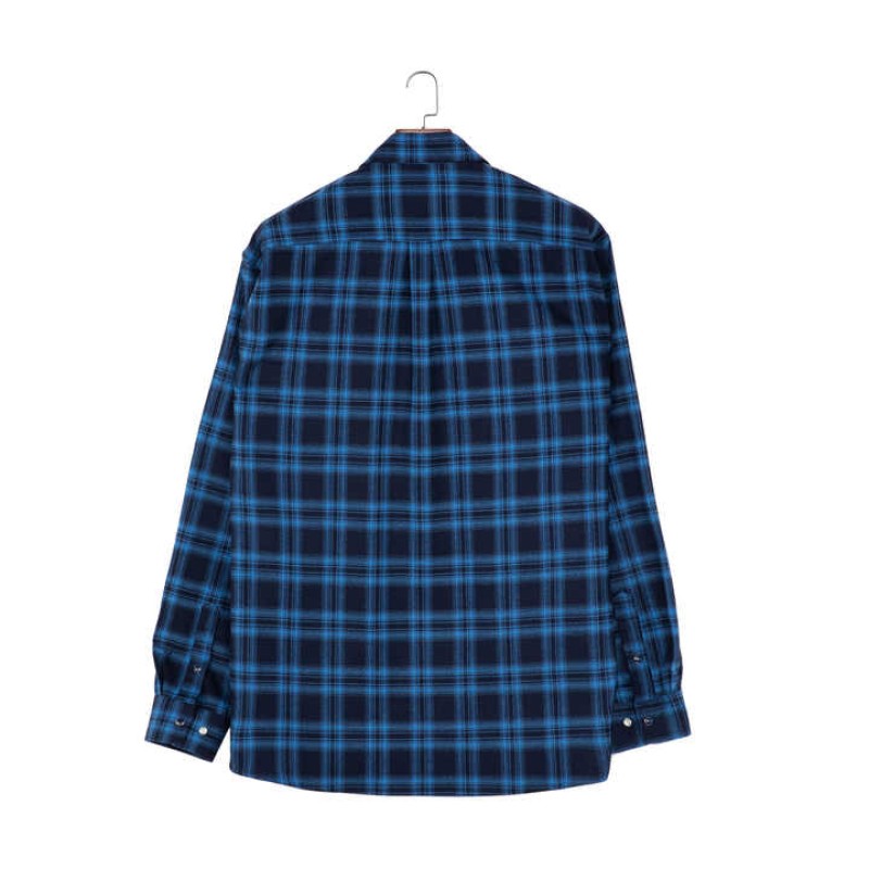 Square Collar Men'S Plaid Shirt Blue Long Sleeve Button up