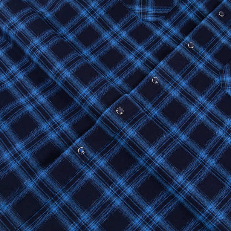 Square Collar Men'S Plaid Shirt Blue Long Sleeve Button up