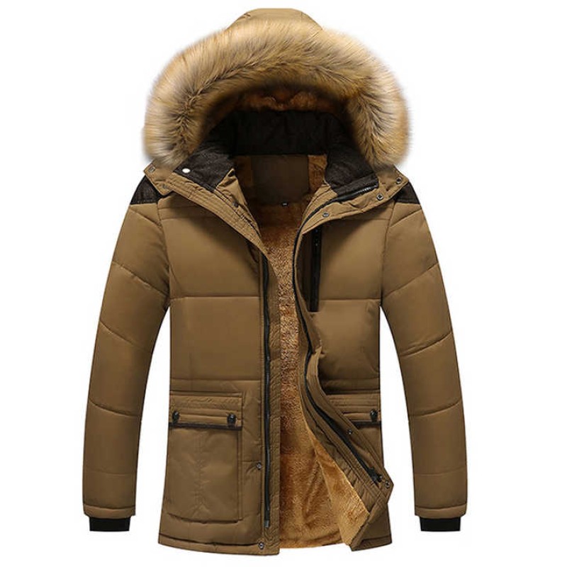 Winter Men's Jackets Thick Fleece Fur Collar Hooded Men's Coats