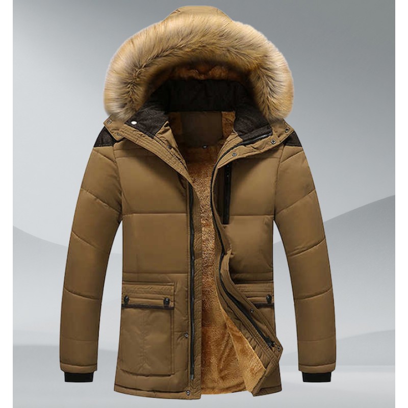 Winter Men's Jackets Thick Fleece Fur Collar Hooded Men's Coats