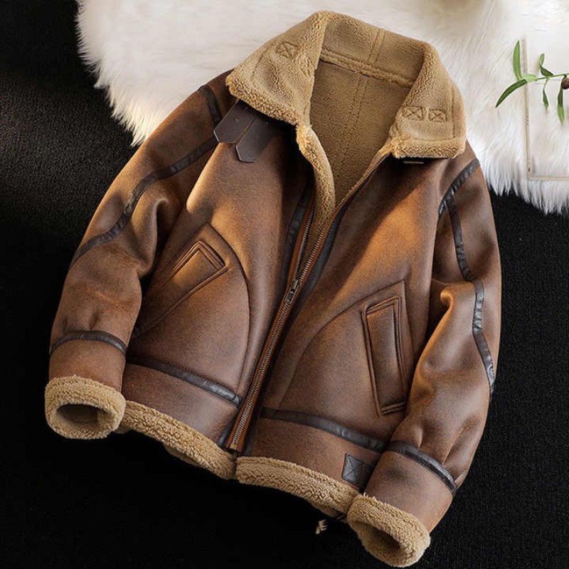 Fashion Casual Spliced Coat Winter Male Thicken Lamb Wool Jacket Black