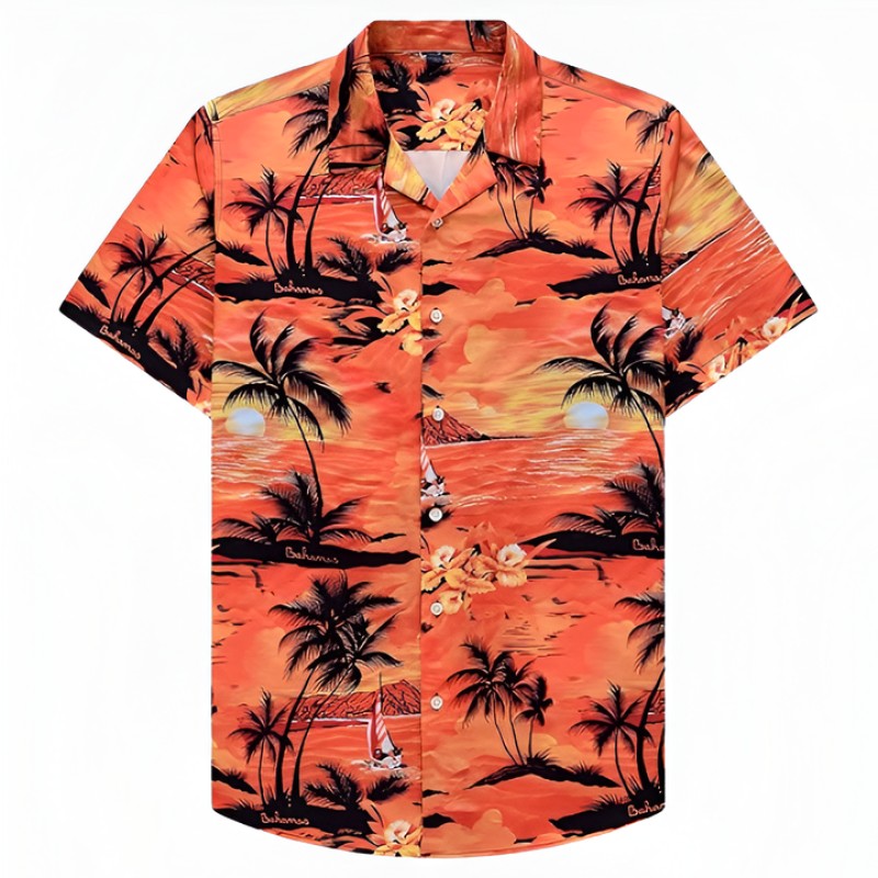 Fashion Polyester Asian Men's Floral Short Sleeve