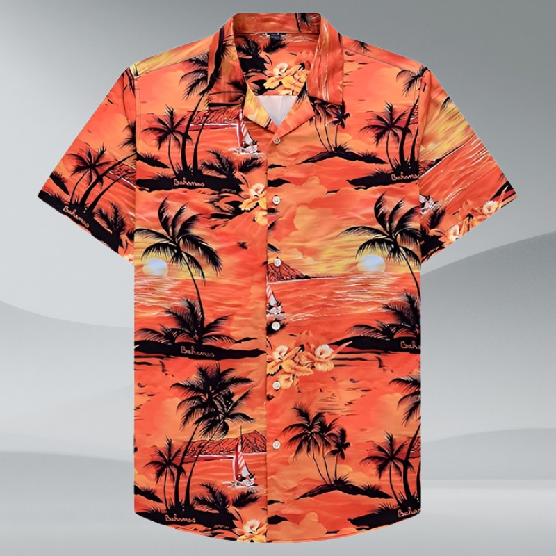 Fashion Polyester Asian Men's Floral Short Sleeve
